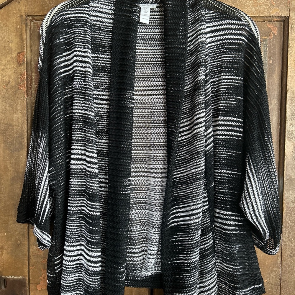 Chicos Open Cardigan Black White Mesh Knit